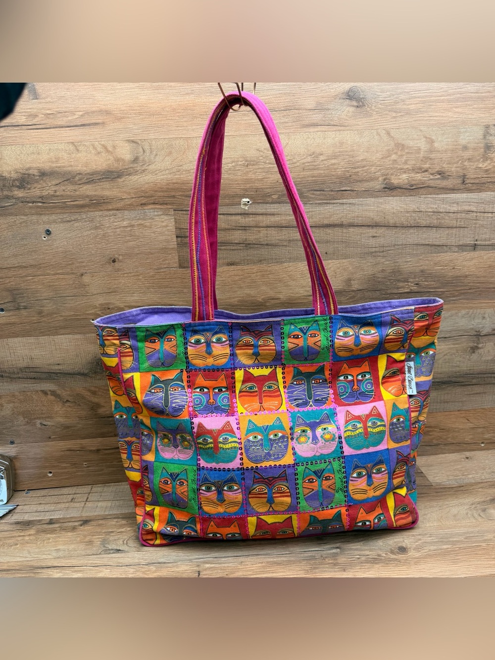 Laurel Burch CAT FACES Handbag
Colorful Cat Print Tote Bag with Pink Straps - Picture 2 of 10